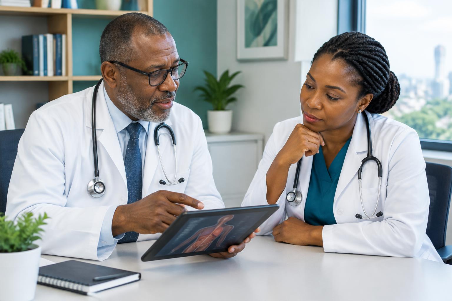 Illustrative photograph of specialist physicians reviewing care together