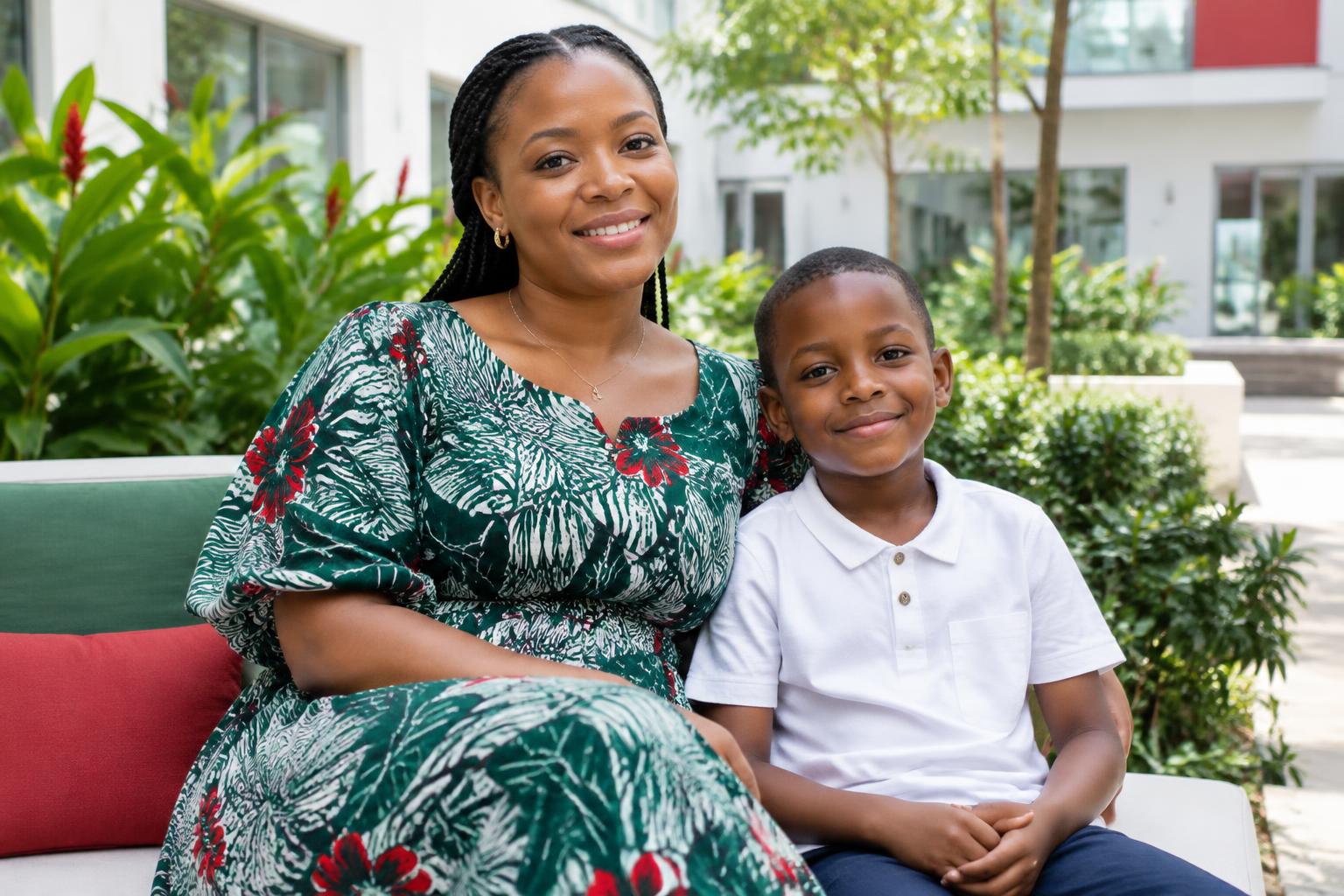 Illustrative photograph of a mother and child enjoying a peaceful clinic courtyard