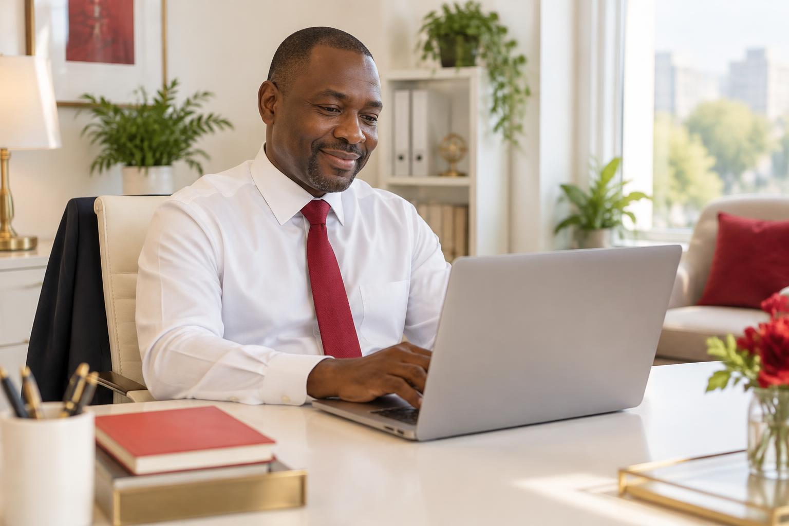 Illustrative photograph of an administrator in a white shirt and crimson tie working at a laptop in a bright ivory office