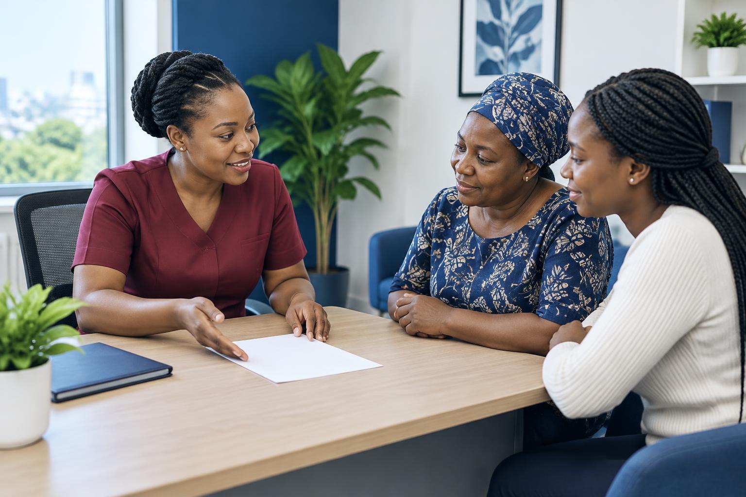 Illustration of a care adviser explaining health care options to a mother and daughter