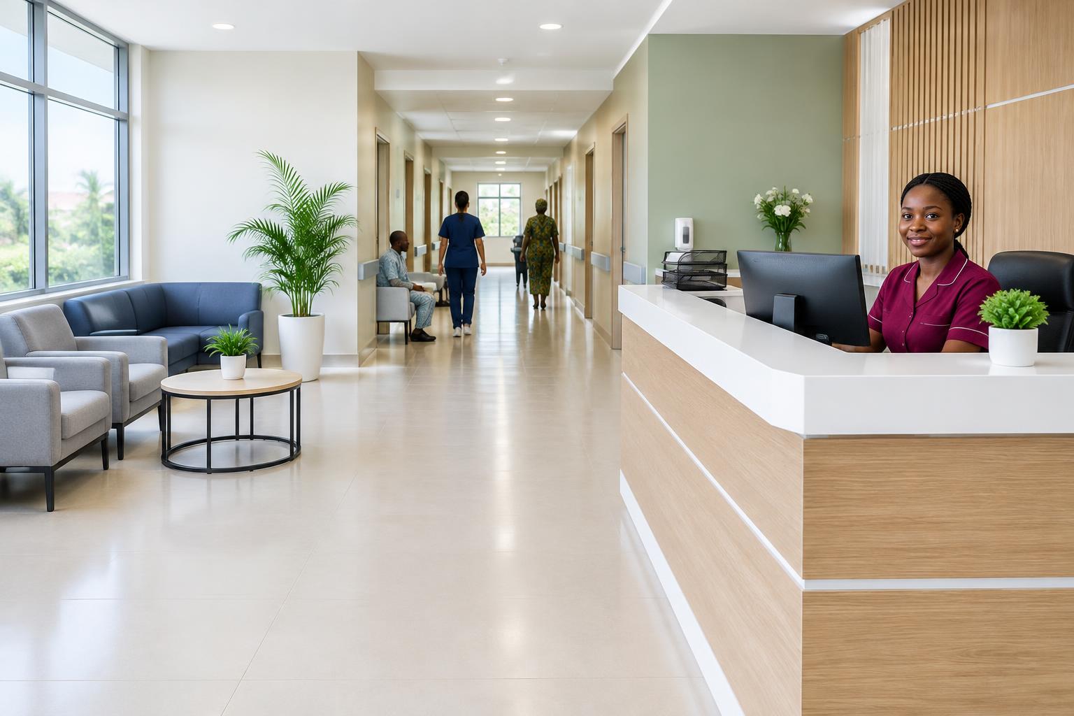 Illustration of a bright, orderly hospital reception and corridor