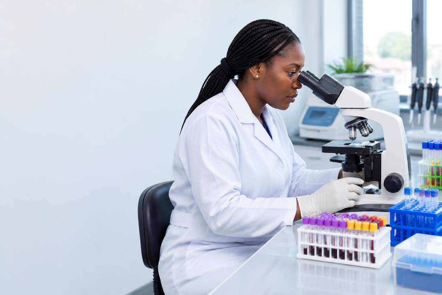 Illustration of a laboratory scientist examining a sample with a microscope