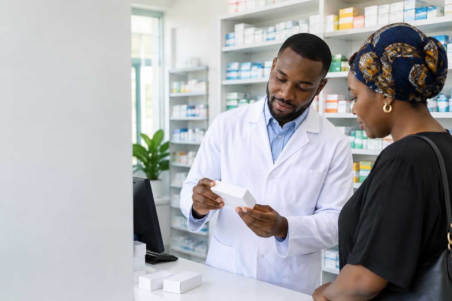 Illustration of a pharmacist discussing prescribed medication with a patient