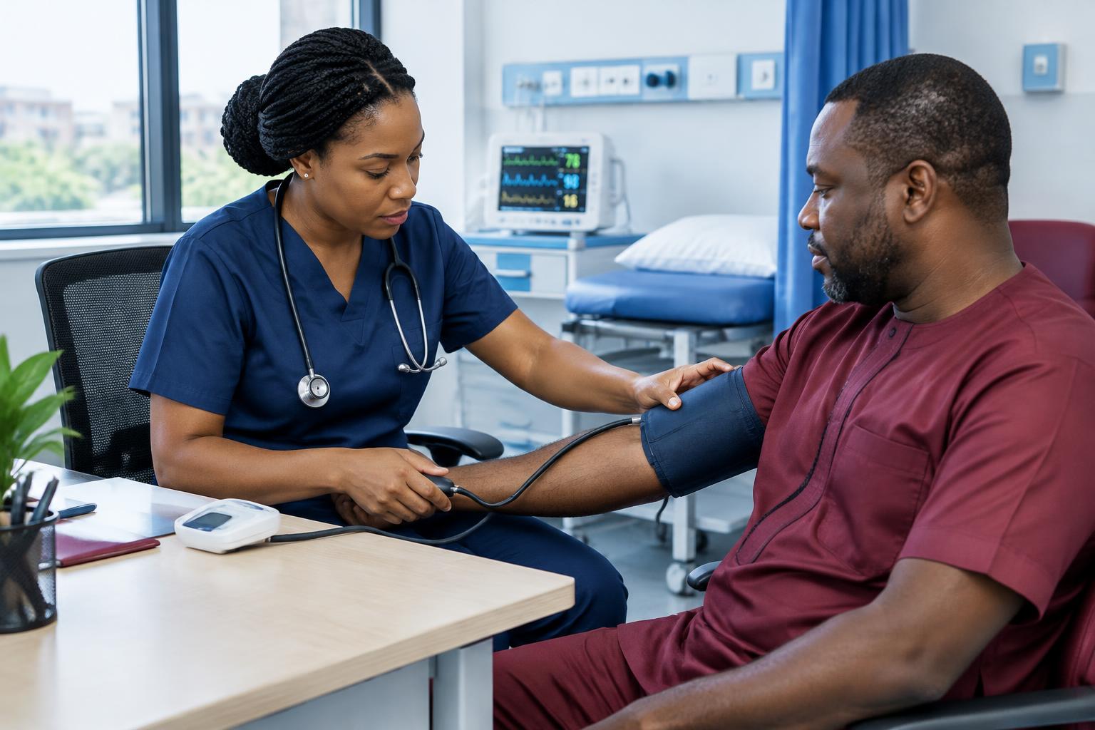 Illustration of a nurse checking a patient’s blood pressure during a clinical assessment